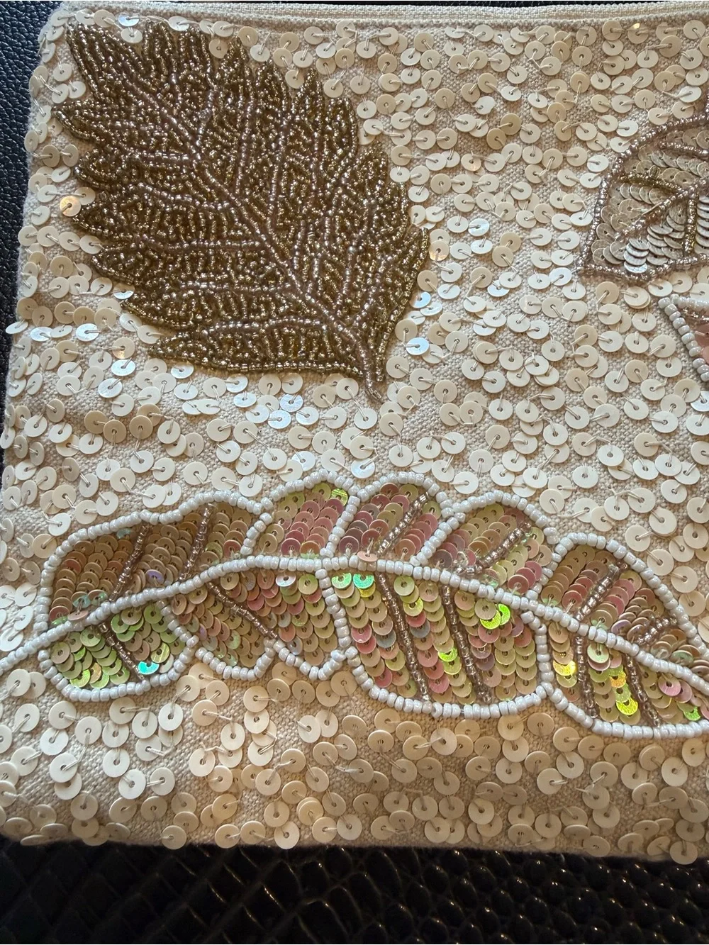 Sequin Leaf Embellished Wristlet Clutch in Champagne and Rose Gold